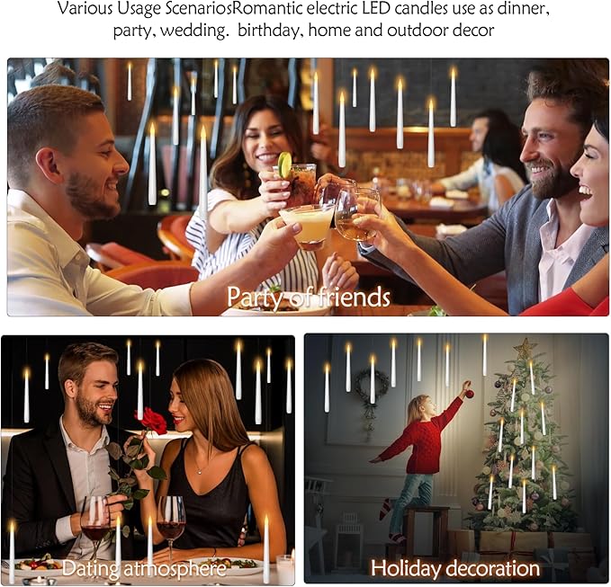 Flameless Floating Candles with Wand，30 Pcs Magic LED Hanging Taper Candles，Flickering Battery Operated Taper Candle with Wand Remote for Halloween Decorations Best Gift（White）