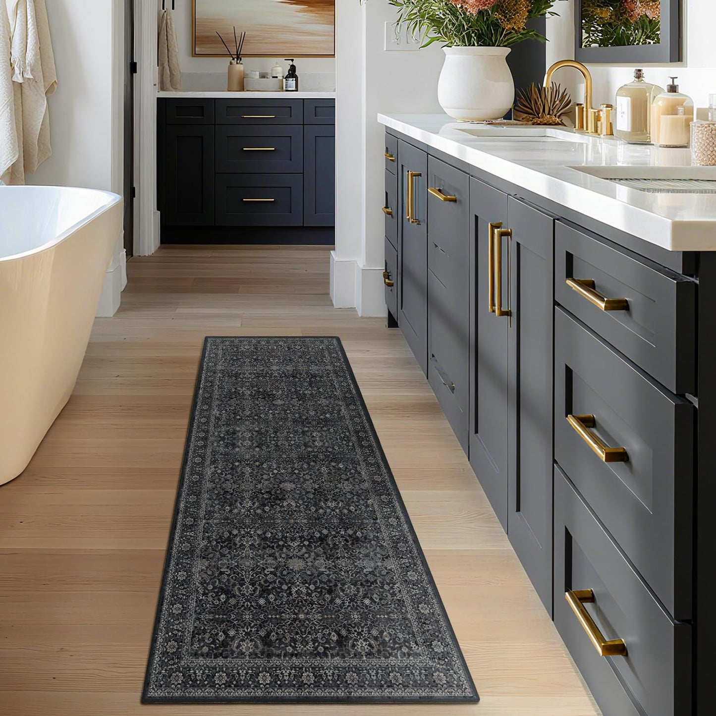 Jainmy Dark 2x6 Runner Rug for Hallways Entryway, Vintage Earth Tone Kitchen Bathroom Runner 6ft, Non Slip Washable Low Pile Thin Carpet Runner for Mudroom/Laundry Room/Bedroom Bedside, Midnight
