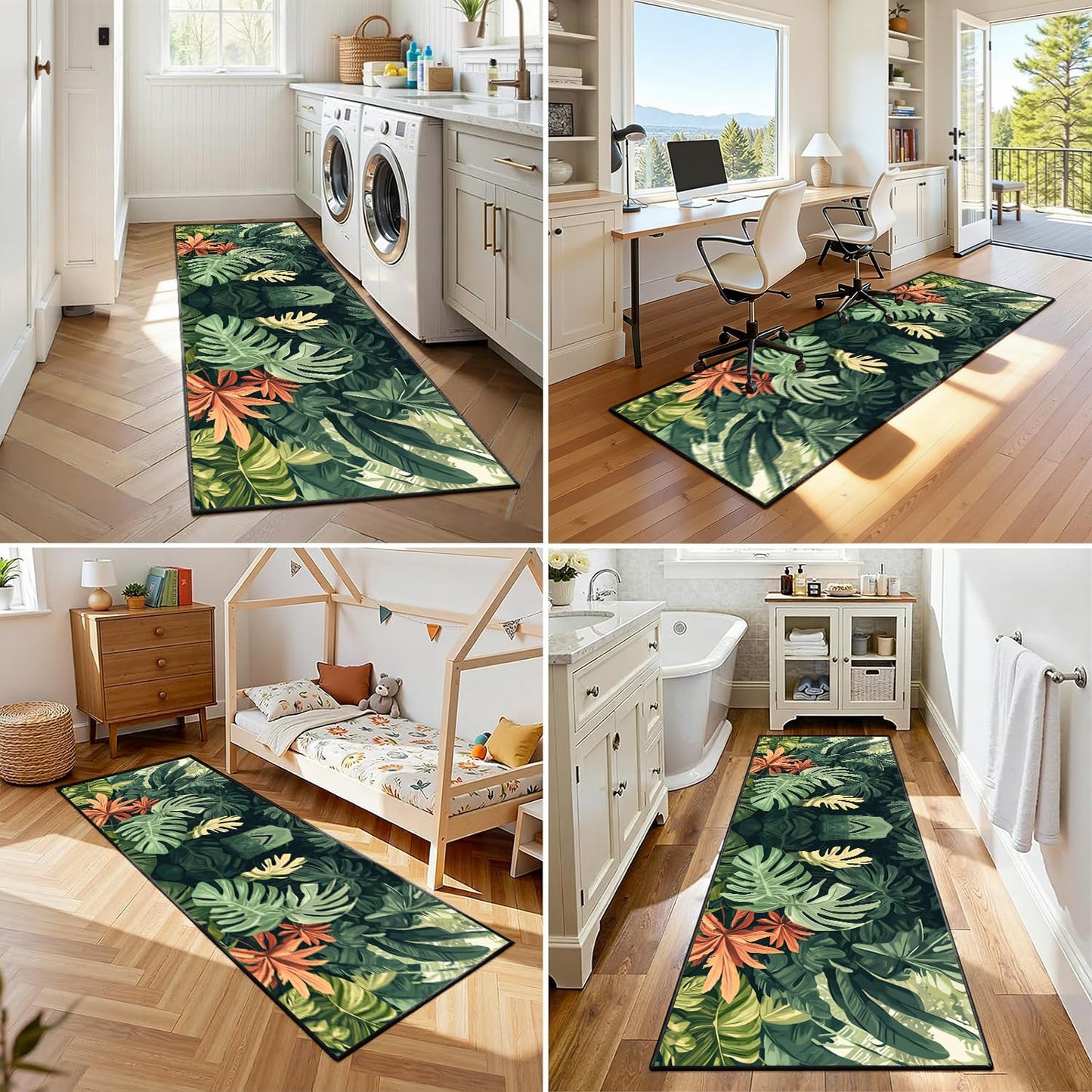 Tropical Leaves Runner Rug, 2x7ft, Hawaiian Bohemian Palm Leaf Monstera Plant Runner Hallway Rug, With Rubber Backing Green Leaf Soft Floor Rug for Bedroom Kitchen Dining Room Laundry Room - Green