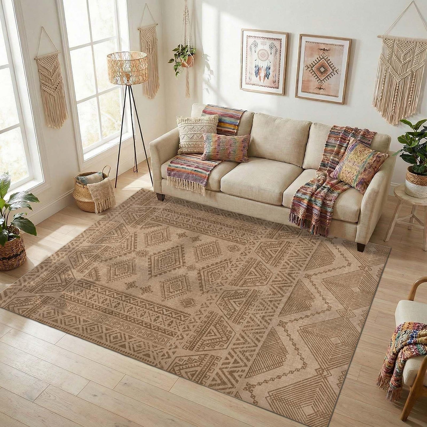 jinchan 8x10 Washable Faux Jute Area Rug, Boho Southwestern Geometric Natural Fiber Look Floor Mat, Low-Pile Non-Slip Large Outdoor Rug for Living Room Dining Room Patio, Natural Taupe