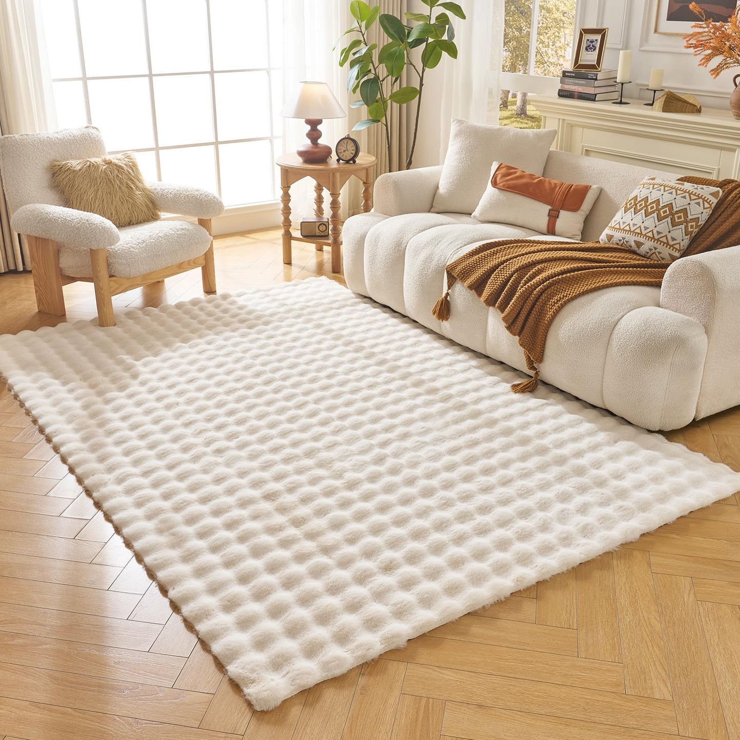 Lotus Karen Washable Area Rug, 3D Bubble Rug for Living Room, Bedroom, Faux Fur Carpet for Home Decor,5' W × 7' L, Cream White