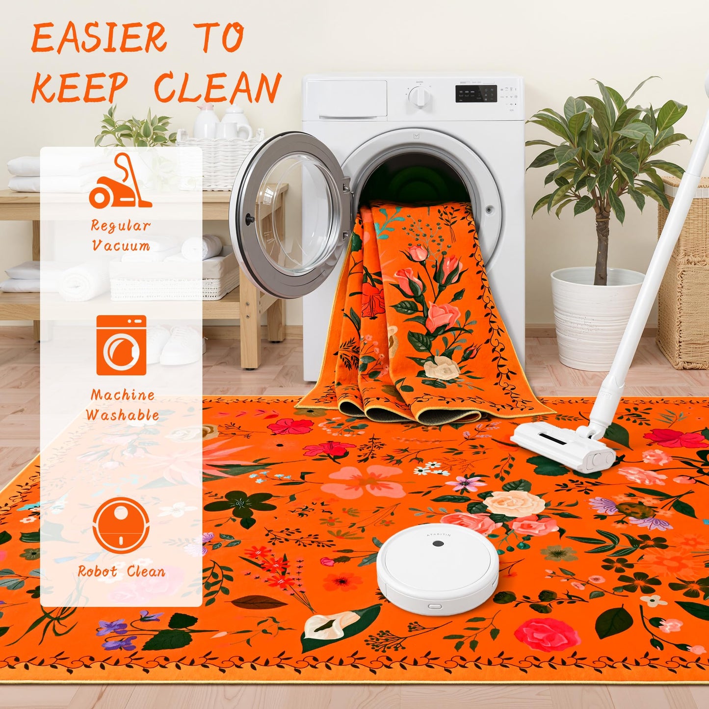 ISEAU Floral Kitchen Rugs 2x6, Washable Boho Flower Area Rug, Non-Slip Low-Pile Carpet with TPE Backing for Bedroom, Kid Friendly Flower Rug for Hallway Nursery Runner Laundry Dining Room, Orange
