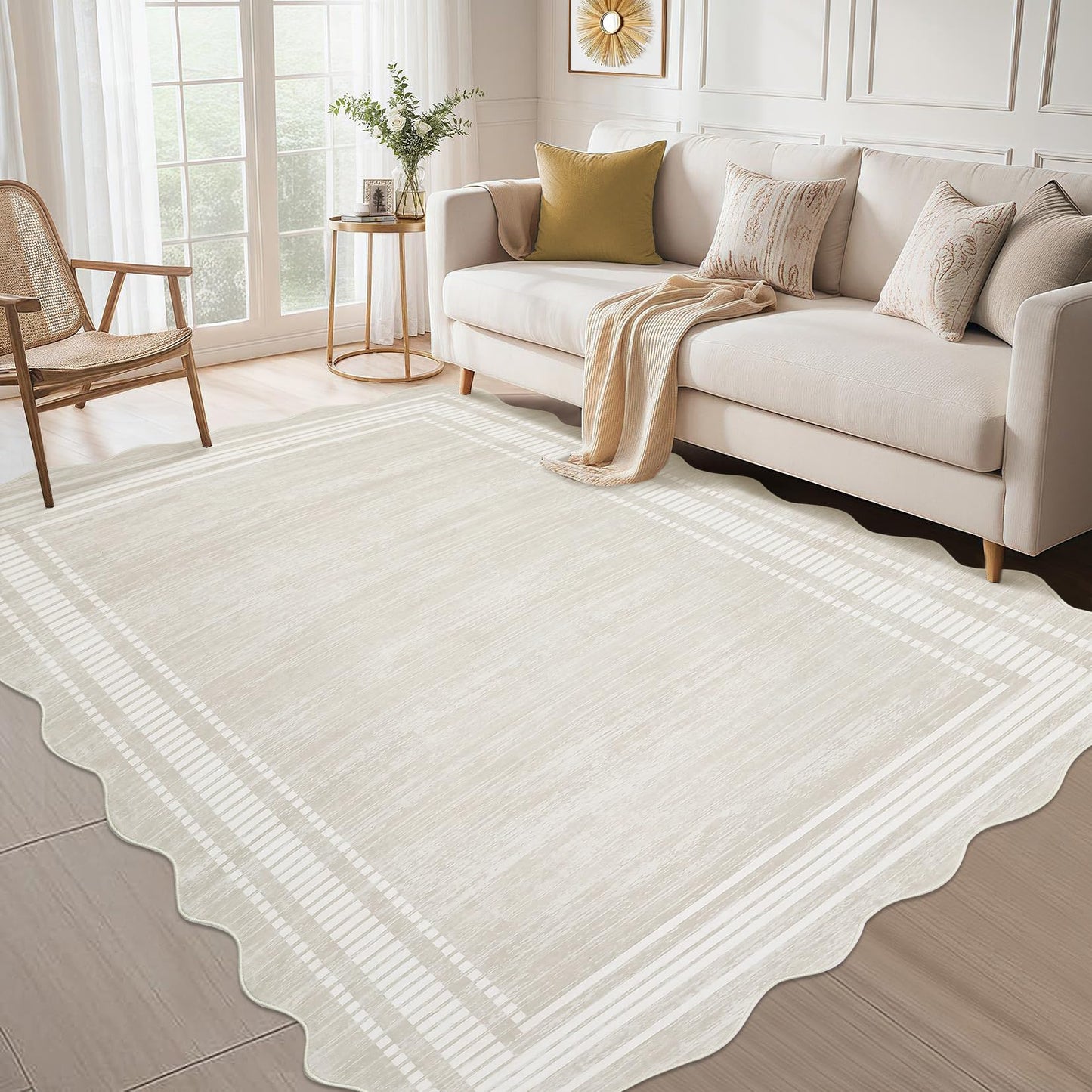 GarveeHome Scalloped 9x12 Area Rugs for Living Room Non-Slip, Modern Neutral Washable Rugs for Bedroom Large Solid Farmhouse Rug Bordered Carpet for Apartment Table Dorm Nursery, Cream 9x12