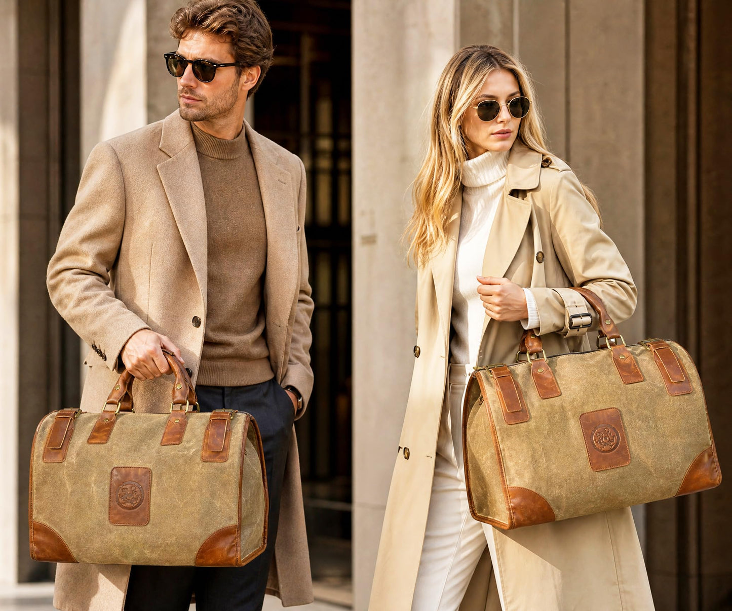Handadsume Water Resistant Canvas + Leather Travel Luggage Tote Duffle Gym Suitcase Weekender Overnight Bag For Men Male FB8151 (A-Brown)