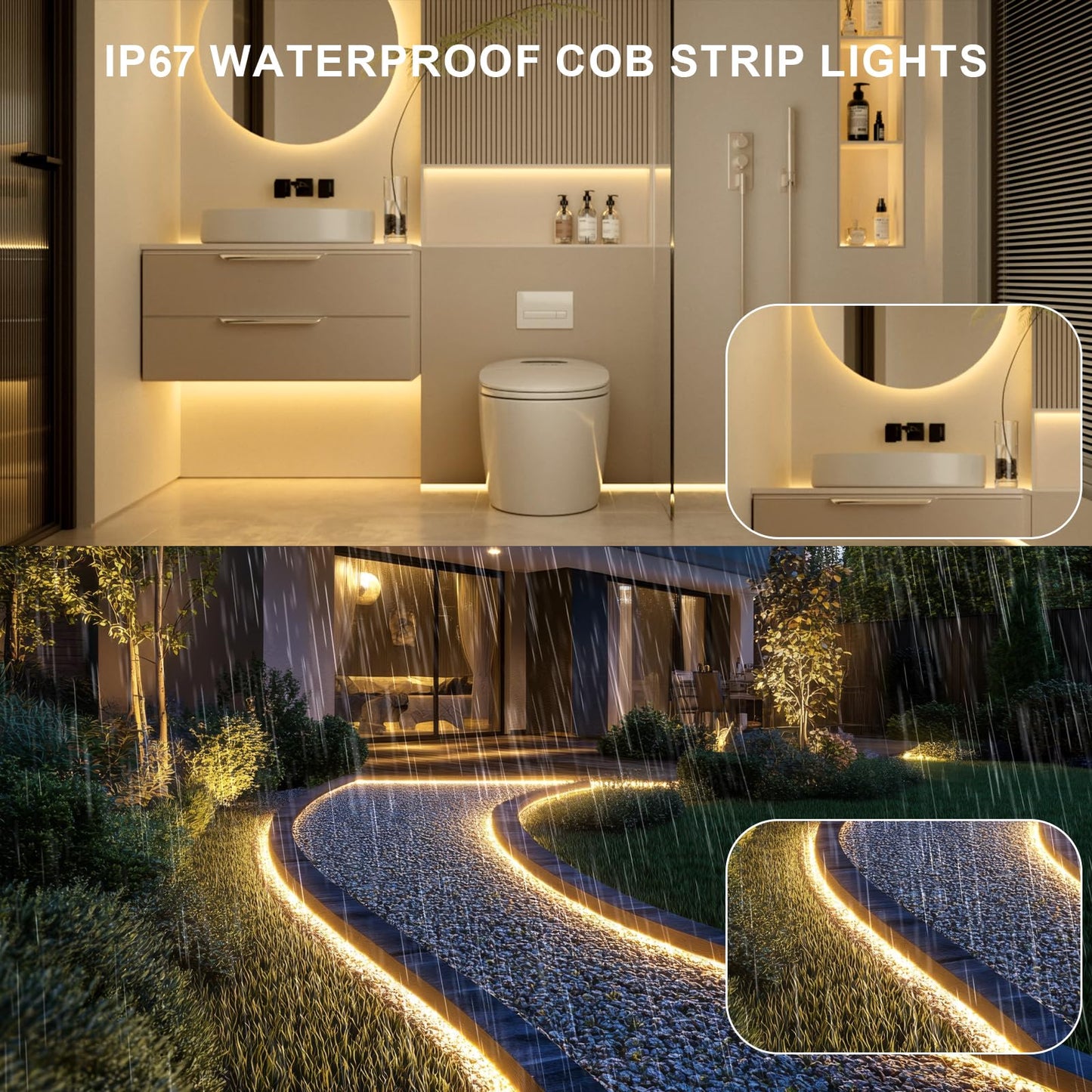 BUNACET 100ft COB Outdoor LED Strip IP67 Waterproof, 3000K Warm Whit DC24V Flexible LED Rope Strips with Remote & App Control Dimmable, DIY Lighting for Indoor, Outdoor, Garden, Patio（2 Rolls）