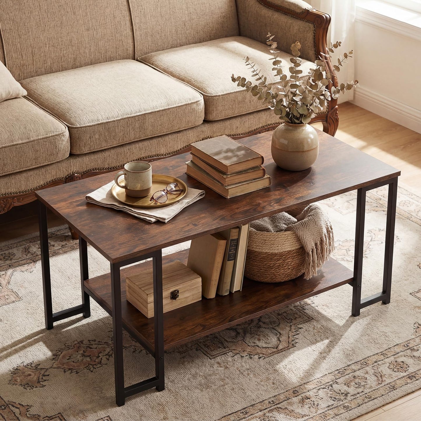 Giantex 2-Tier Coffee Table with Storage, 39.5" Rectangular Center Table with Heavy-Duty Metal Frame, Modern Accent Cocktail Table, Living Room Tables for Small Spaces (Rustic Brown)