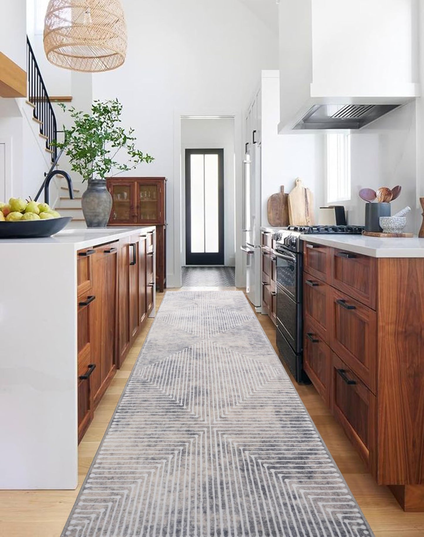 GLN Rugs Contemporary - Ephesus - Machine Washable Runner Rug, Modern Washable, Non Slip, Low Pile Area Rug, Hallway, Bedroom, Kitchen Rug - Easy Clean (2'6" x 10' Lines Cream)