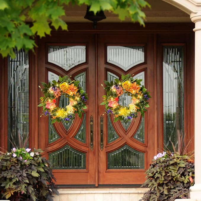 22 Inch Lighted Spring Summer Wreath for Front Door,Dahlia Pinnata, Roses, Eucalyptus Leaves, Peony, Mixed Flowers,Artificial Wreath for Front Door Spring Outdoor Home Decor Easter Decor