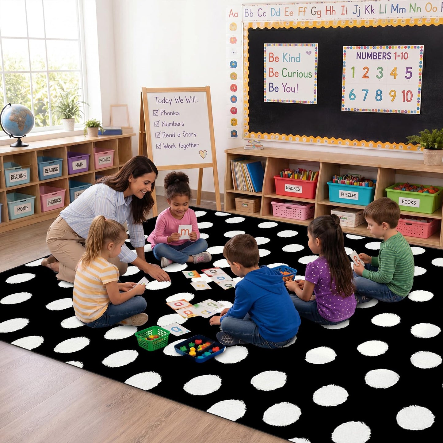 Nuanchu Large Polka Dot Classroom Rug 6.5 x 12.1 ft Black and White Classroom Carpet with Rubber Backing Non-Slip First Day of School Rugs for Playroom Nursery Preschool