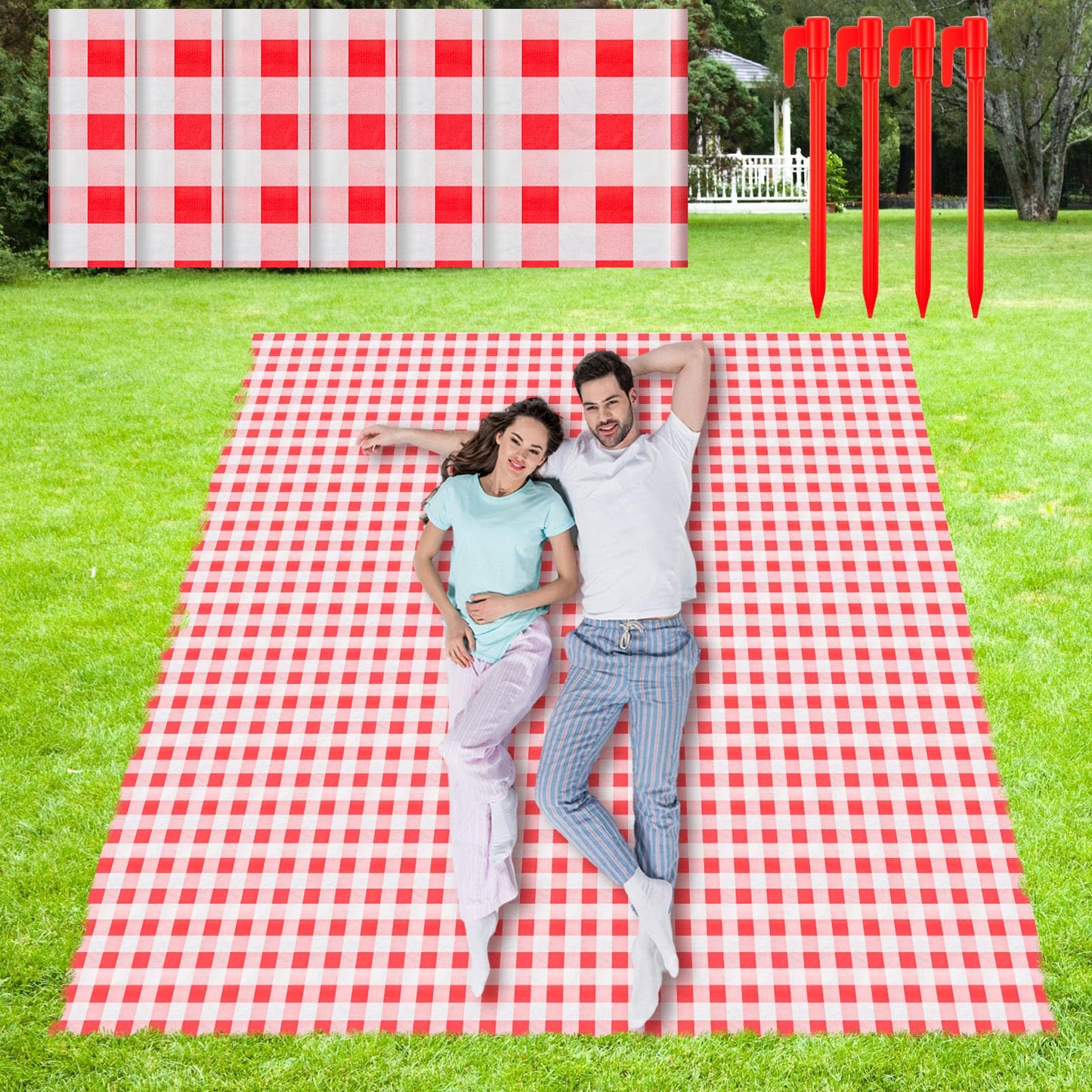 HunnmingRe 6 Pcs Disposable Outdoor Picnic Blankets 71''x71'' Thicken Foldable Waterproof Picnic Mats Bulk Gingham Oil Proof Camping Blankets with 4 Ground Spikes Beach Travel(Red and White)