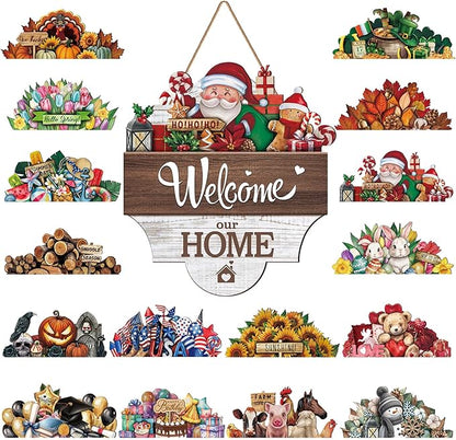 Yousoontic 17 Pcs 12 Inch Magnetic Welcome Door Sign Interchangeable Front Door Decor Rustic Fall Seasonal Hanging Sign Halloween Christmas Decor for Home Warming Gift(Bright Color,Classic Welcome)