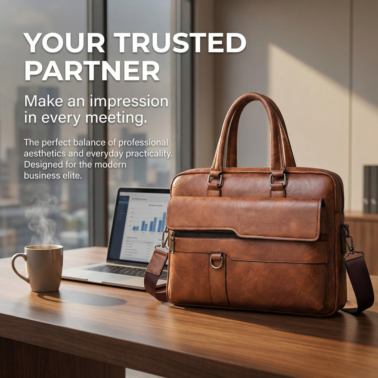 JINGTIANCD Men's Faux Leather Laptop Bag 15.7 Inch, Water-Resistant Briefcase Messenger Bag for Work, Business, Travel | Adjustable Shoulder Crossbody Office Satchel(Deep Khaki)