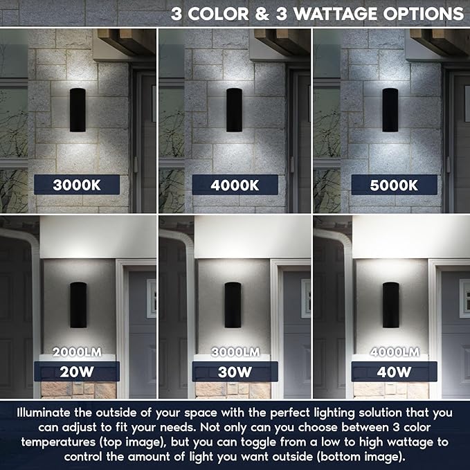LUXRITE Dusk to Dawn LED Modern Outdoor Wall Lights, 18", Up or Up and Down Light, 3CCT 3000K-5000K, Waterproof Cylinder Wall Sconce, 20/30/40W, Dimmable, IP65, ETL - Porch Patio Garage (2 Pack)