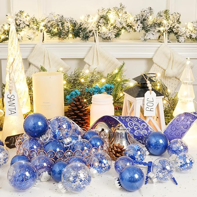 XmasExp 32ct Christmas Ball Ornaments Set -Blue Clear Plastic Shatterproof Xmas Tree Ball Decorations Hanging Baubles for Holiday Decor