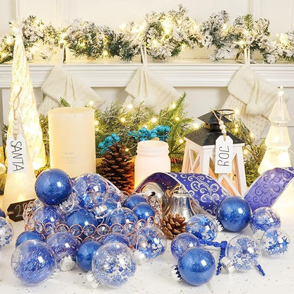 XmasExp 32ct Christmas Ball Ornaments Set -Blue Clear Plastic Shatterproof Xmas Tree Ball Decorations Hanging Baubles for Holiday Decor