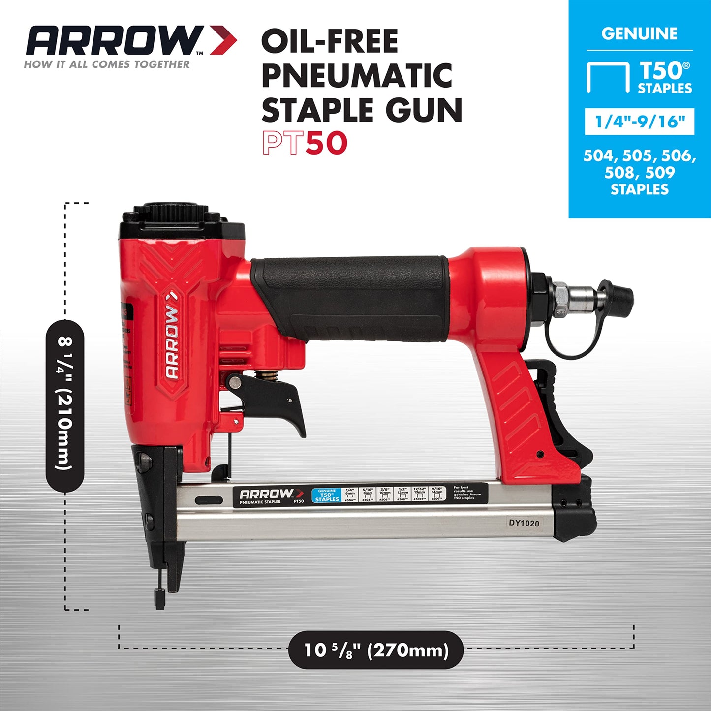 Arrow PT50 Oil-Free Pneumatic Staple Gun, Professional Heavy-Duty Stapler for Wood, Upholstery, Carpet, Wire Fencing, Fits 1/4”, 5/16”, 3/8", 1/2", 9/16” Staples , Red