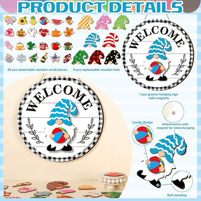 Qunclay Interchangeable Wooden Gnome Decor Holiday Seasonal Gnome Decorations with Magnet Pieces and Detachable Hats Changeable Welcome Sign for Home(Vivid Style)