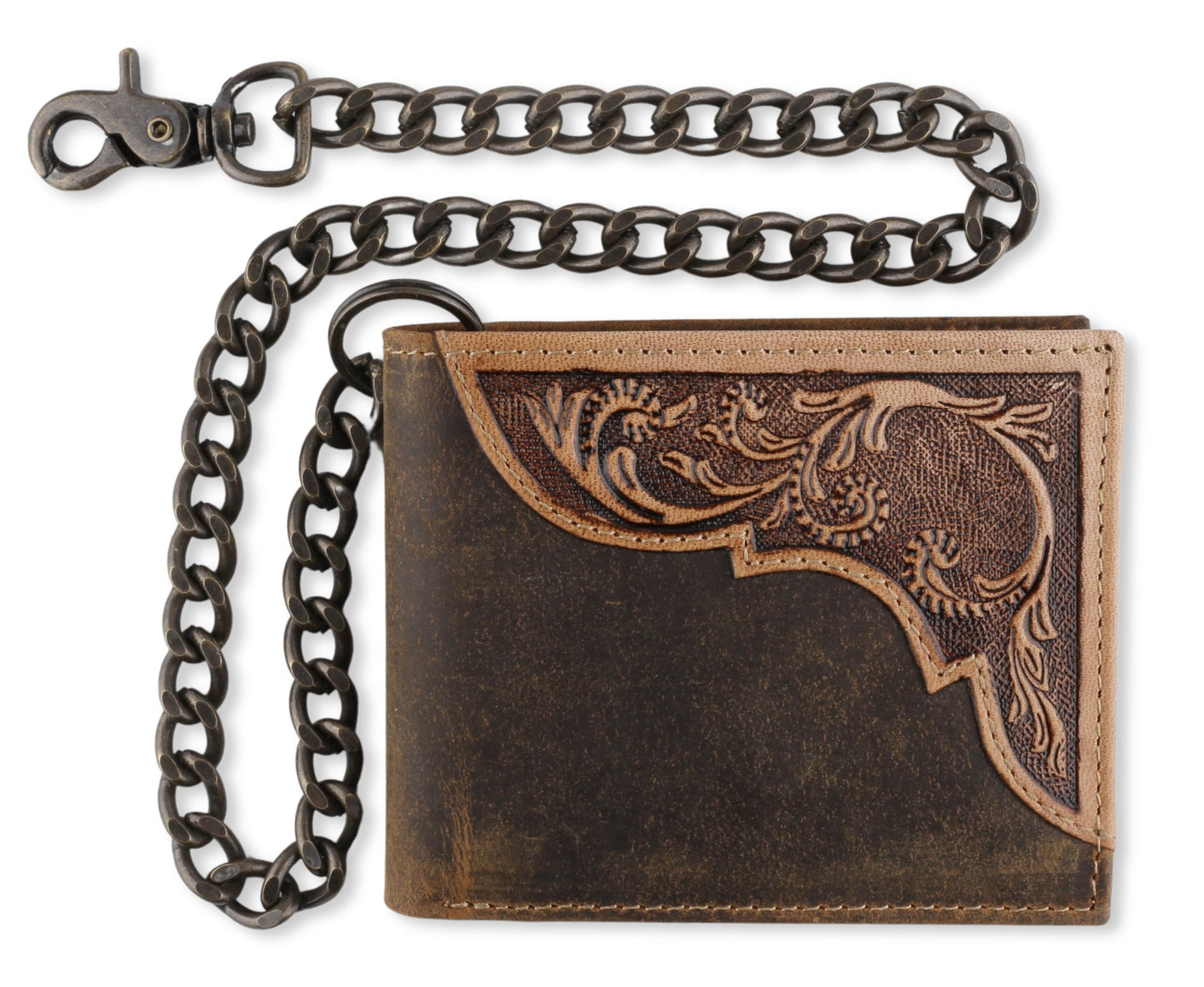 F&L CLASSIC RFID Blocking Mens bi-fold Style Cowhide Leather Steel Chain Wallet, brown western style,texas 83