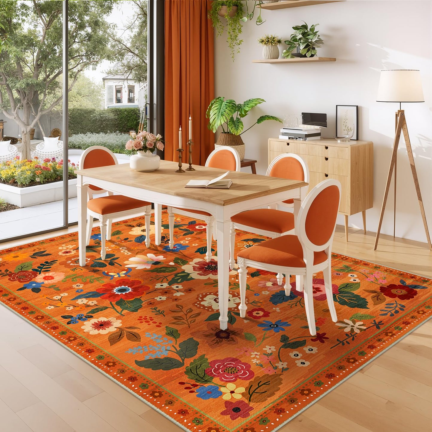 RELEANY Floral 5x7 Area Rugs Washable Print Boho Cute Carpet Non Slip Flower Low Pile for Living Room Bedroom Kitchen Office Farmhouse-Burnt Orange