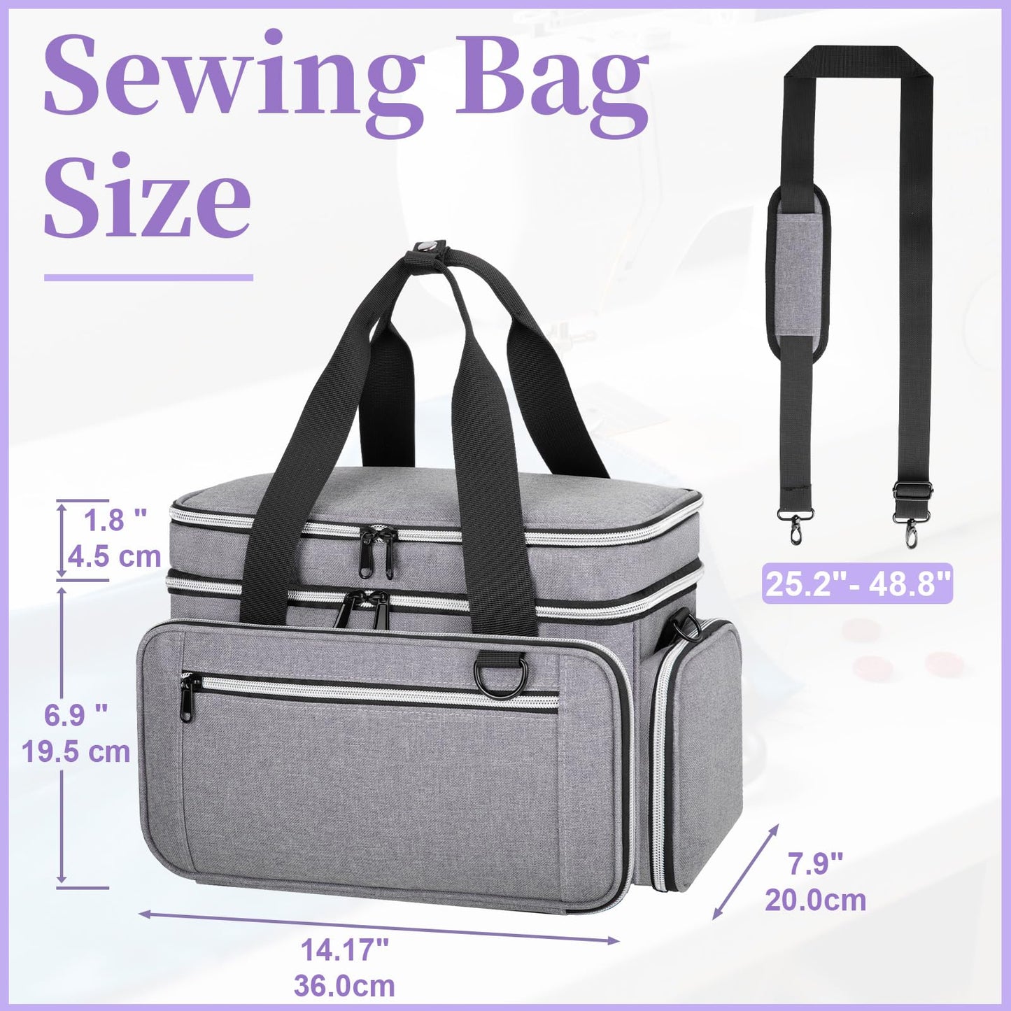 Anitor Large Sewing Supplies Organizer, Double Layer Sewing Storage Organizer with Two Detachable Dividers, Travel Sewing Bag Organizer with Shoulder Strap for Accessories, Gray, (Bag Only)