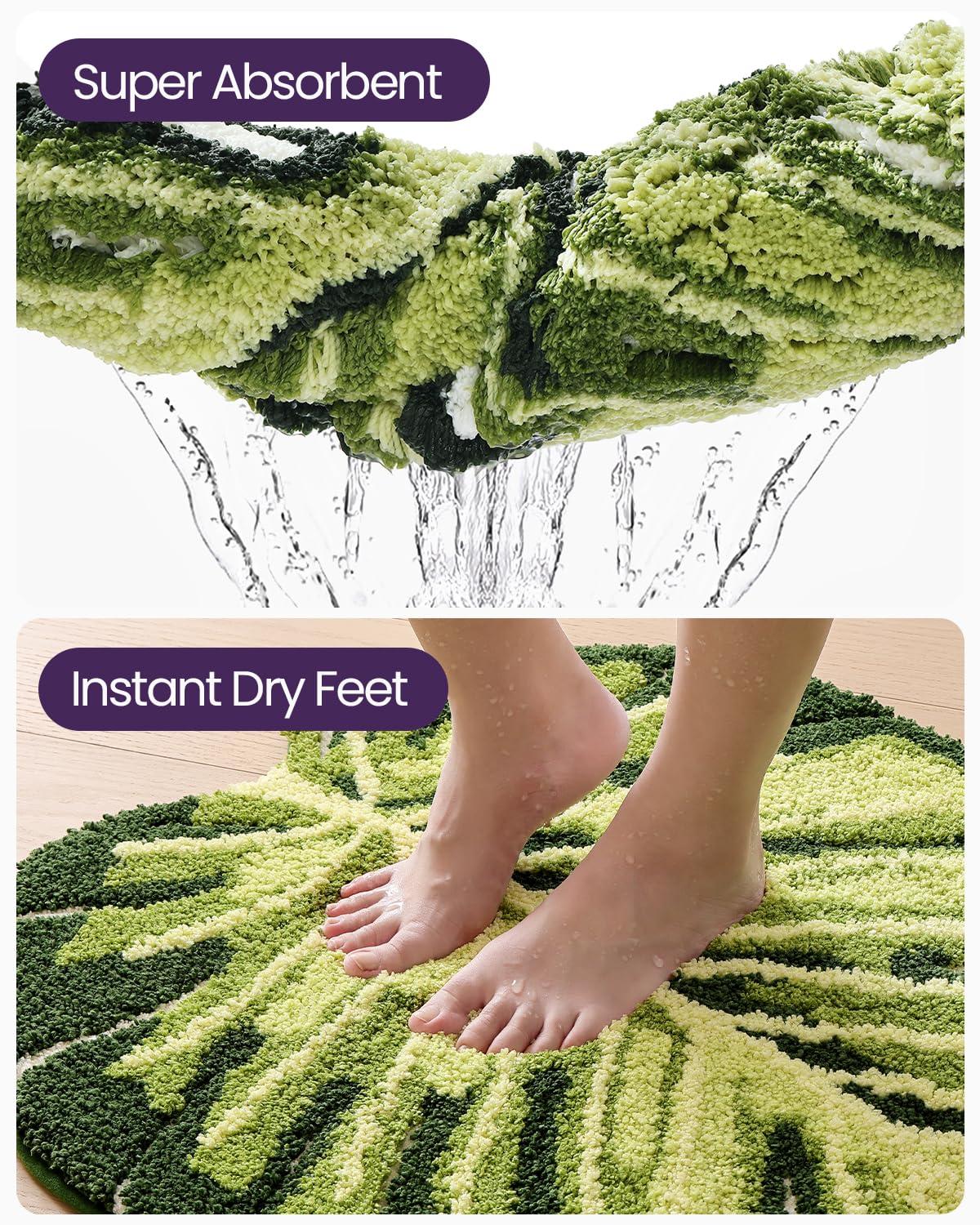 DEXI Leaf Bathroom Rugs Monstera, 31.5x23.5 Soft Fluffy Cute Bath Mat with Non Slip Backing, Washable Absorbent Bath Rug Quick Dry for Shower Floor, Toilet, Bedroom, Kids Room, Green
