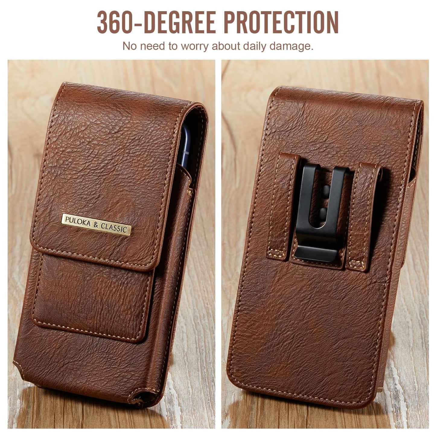Phone Holster with Belt Clip for iPhone 17/16/15/14/13/12 Pro Max & Plus, Galaxy S26/S25/S24/S23 Ultra & Plus, Premium Leather Pouch with Card Holder, Magnetic Closure, Rugged Outdoor Case - L Brown