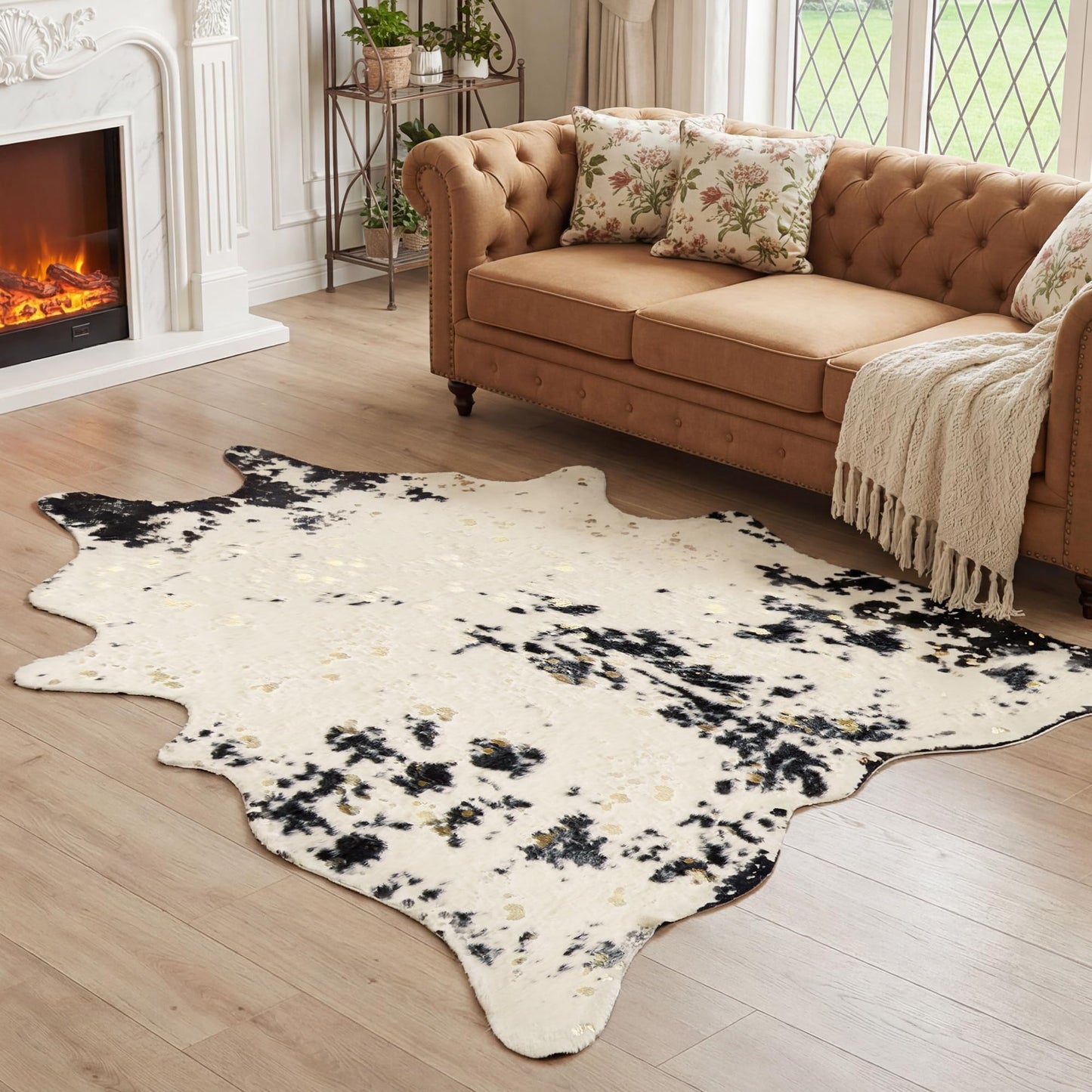 JONIYEAR Large Durable Faux Cowhide Area Rug 4.9 x 6.56 Feet, Premium Cow Print Rug for Living Room Bedroom, Durable Faux Fur Animal Cow Hide Carpet for Western Farmhouse Decor, Black and Gold Spot