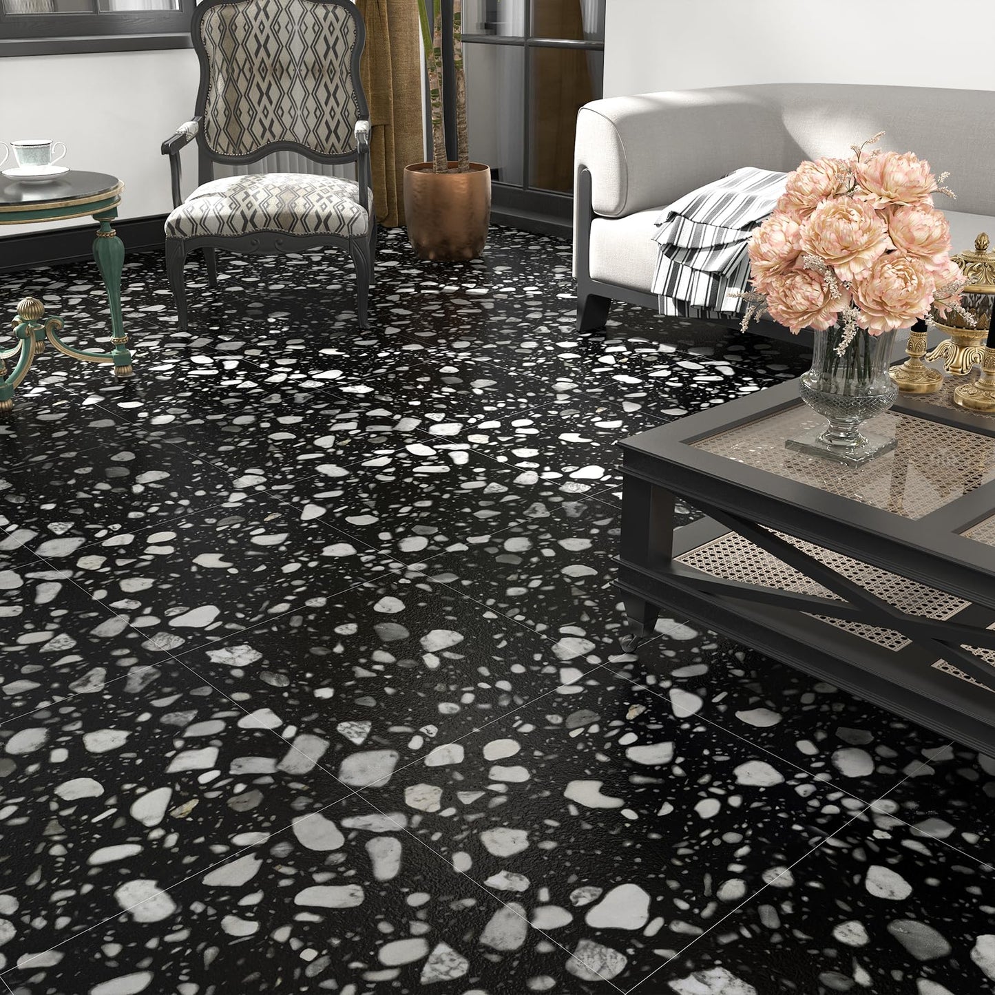 VaryStyle Waterproof Vinyl Flooring Terrazzo Peel and Stick Floor Tile 12"x12" Black and White Vinyl Floor Tiles Self Adhesive Removable Stick on Tile for Kitchen Basement Bathroom Flooring 6-Sheet