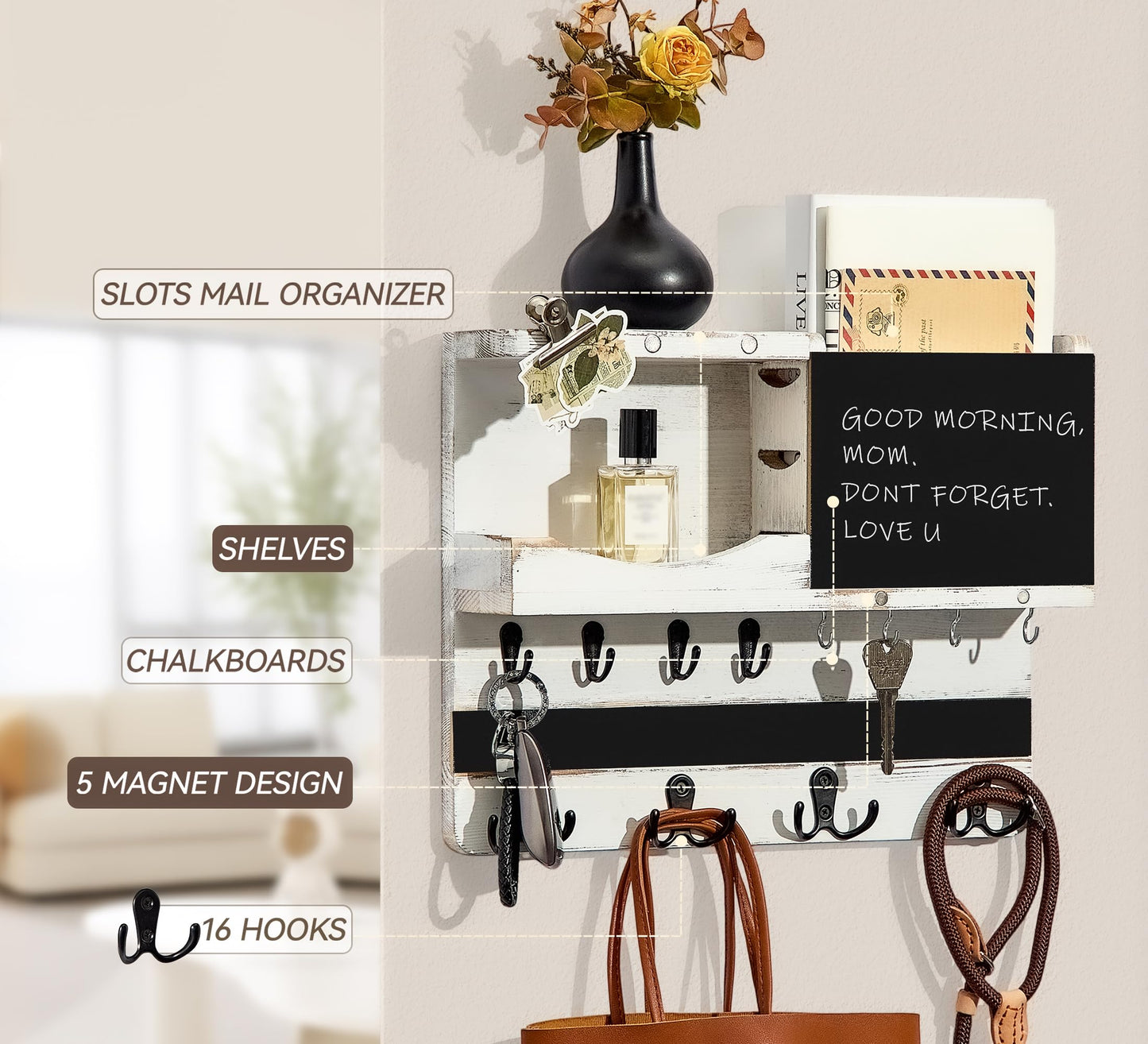 HEKOOLA Key Holder for Wall Mount with Shelf and Mail Organizer, Key and Mail Holder with 16 Hooks, Farmhouse Entryway Organizer, Home Decor Rack (Pine Wood, White Washed)