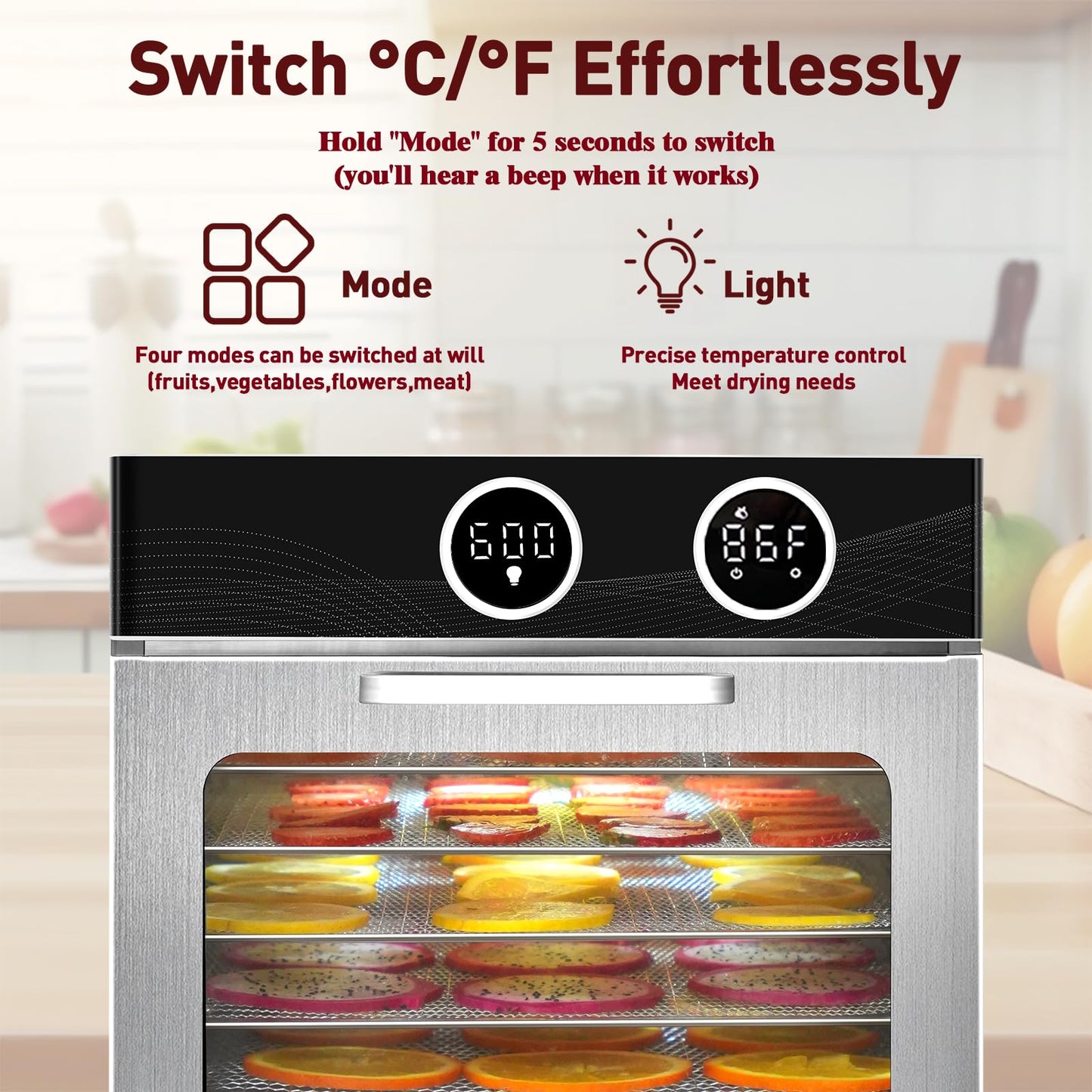 Food Dehydrator with 6 Stainless Steel Trays, with Electronic knob, 194°F Temperature Adjustable and 0-15 Hour Digital Timer, 800W dehydrators, low noise, for Dog Treats, Meat, Fruit, Jerky and Herbs