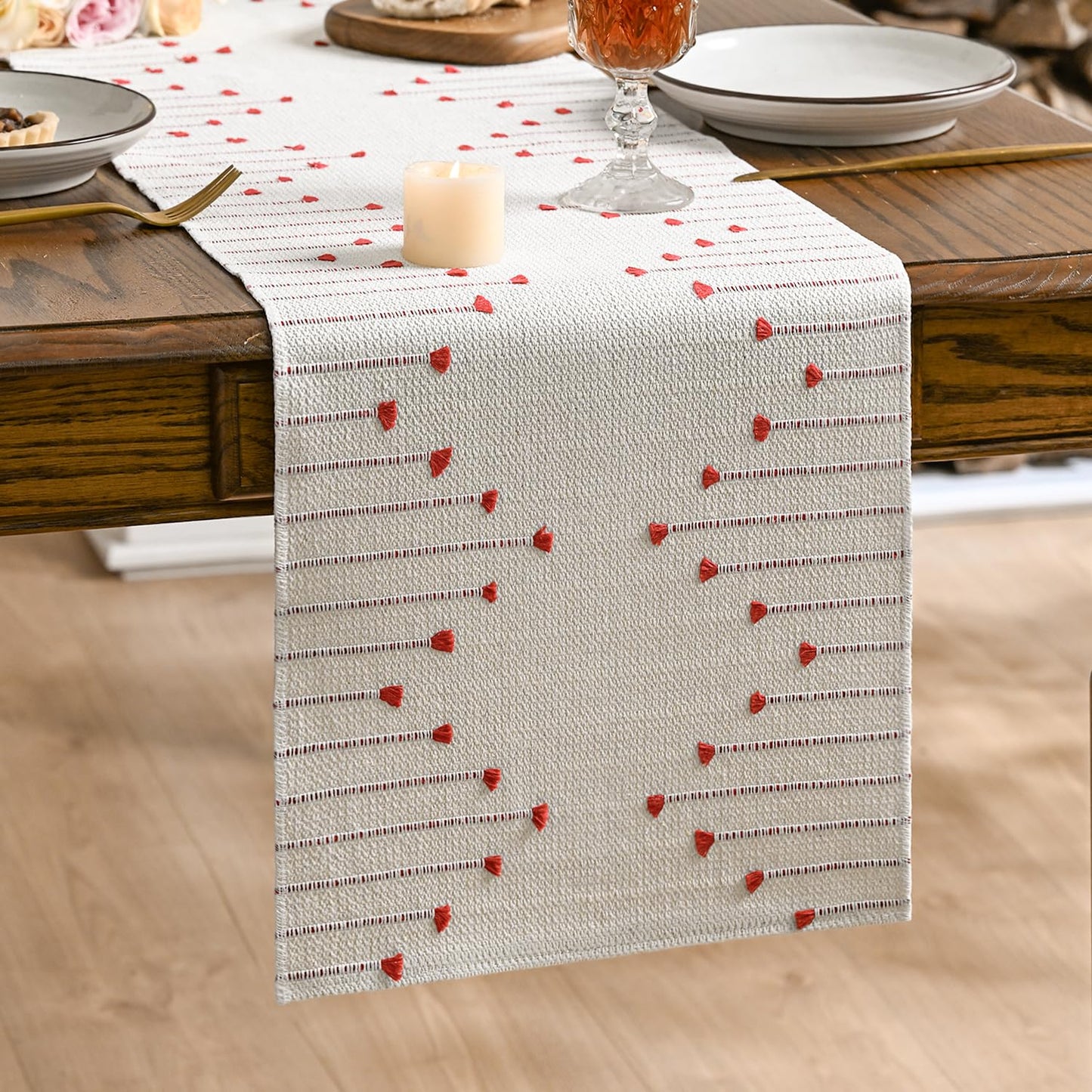 Artoid Mode Red Boho Table Runner for Farmhouse Rustic，Seasonal Holiday Macrame Burlap Kitchen Dining Table Decoration for Home Party Decor 12x72 Inch