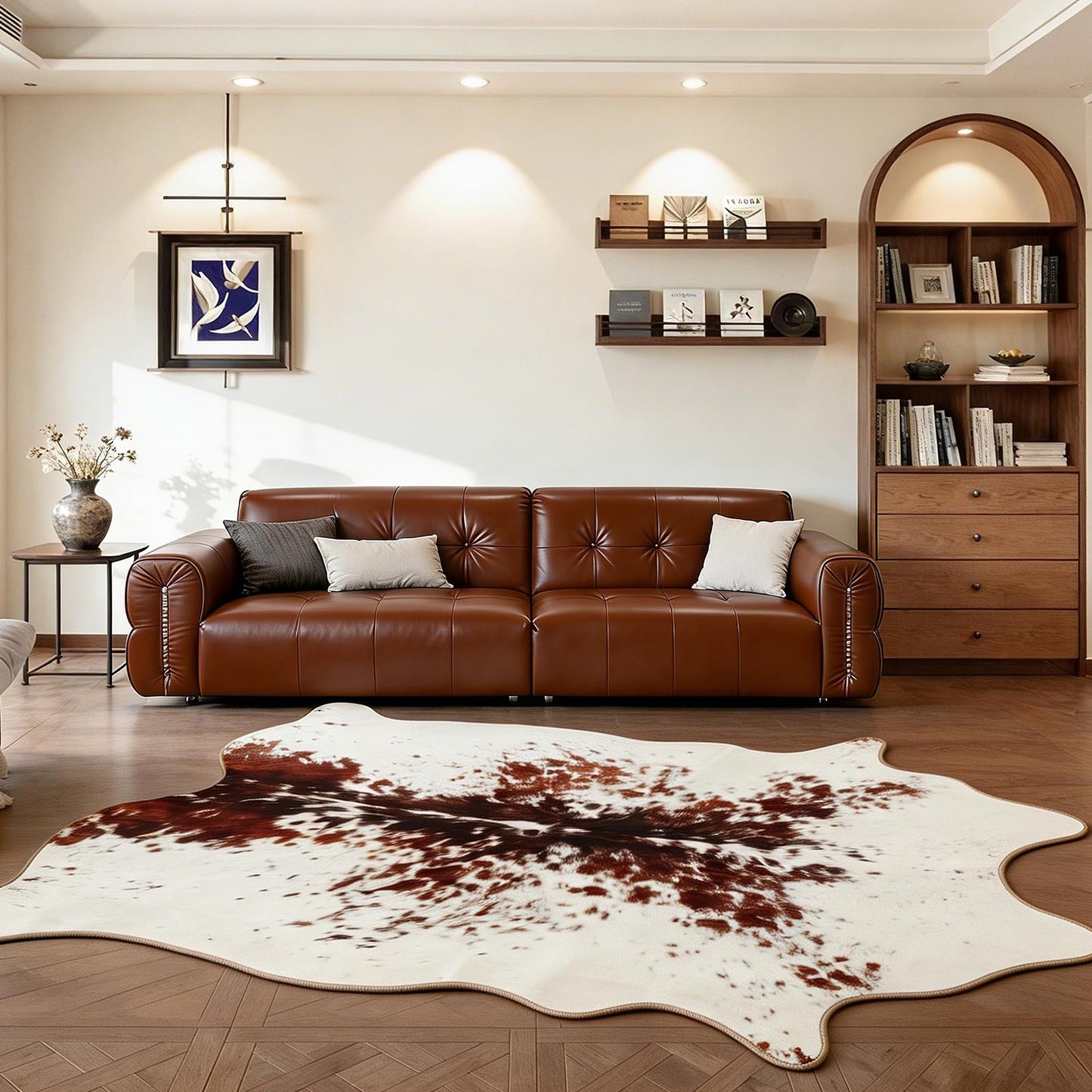 ThreadGlobe Faux Cowhide Rug, Cow Print Western Area Rug for Living Room, Non-Slip Stain Resistant Carpet with Suede Backing, Easy Clean Rug for Bedroom, Western Decor, White Brown, 4'7"x5'3"