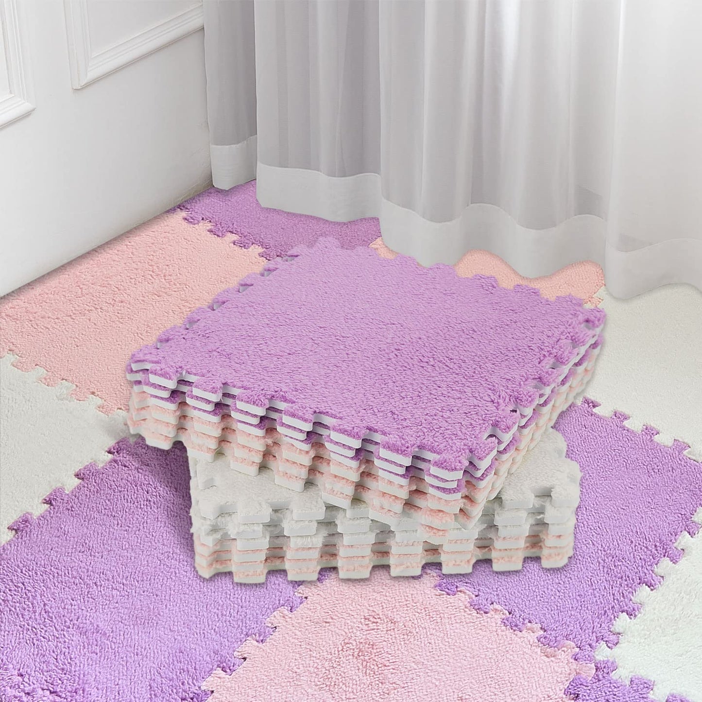 Amylove 72 Pieces Plush Foam Floor Mat Square Interlocking Carpet Tiles with Border 12 x 12 x 0.4 in Fluffy Play Mat Floor Tiles Soft Climbing Area Rugs for Home Playroom(White, Pink, Purple)