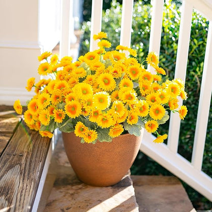 HyeFlora Dahlia Artificial Fall Flowers for Outdoors Autumn Decoration, 6 Bundles Fake Mums Yellow Faux Flowers Plants Realistic UV Resistant Silk Flowers for Outside Planter Front Door Yard Garden