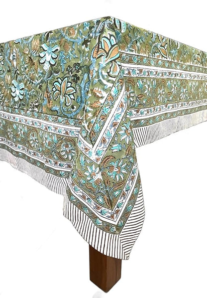 ATOSII Eden Green100% Cotton Boho Square Handblock Print Floral Tablecloth I Dining Table Linen I Parties, Wedding, Outdoors, Thanksgiving I Spring Summer 60 X 60 Inches