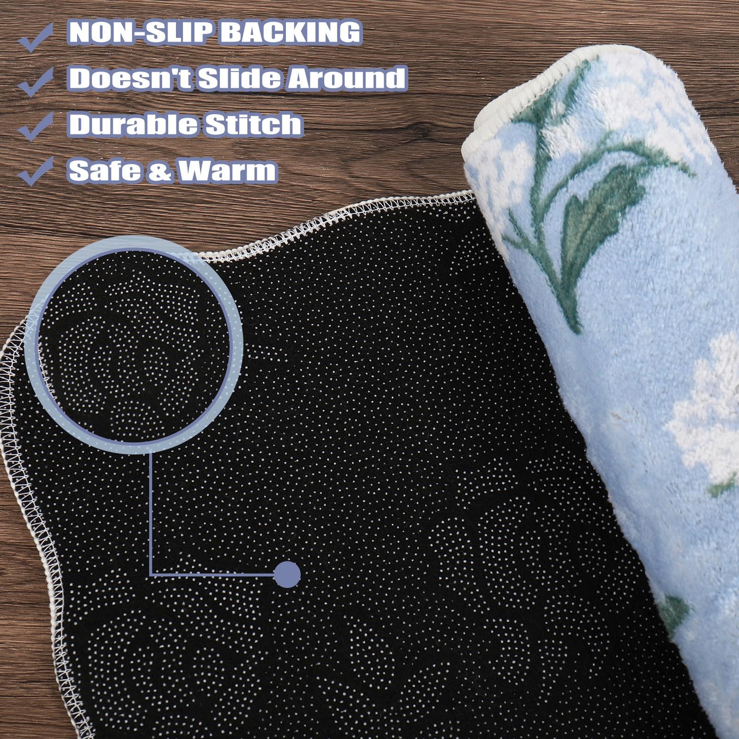 Whaline Hydrangea Rug Mat 32 x 20 Inch Blue Floral Scalloped Absorbent Bathmat Spring Flower Bathroom Rug for Home Bedroom Sink Shower Bathtub Decor