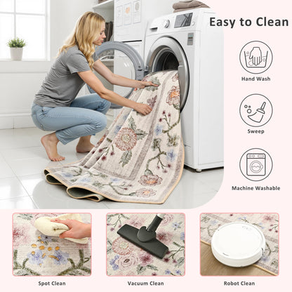 Maxsoft Large Area Rugs for Living Room Bedroom, 5x7 Washable Floral Area Rugs, Non-Slip and Stain Resistant Soft Throw Indoor Carpet for Dining Room Office Kitchen Dorm Home Decor, Pink