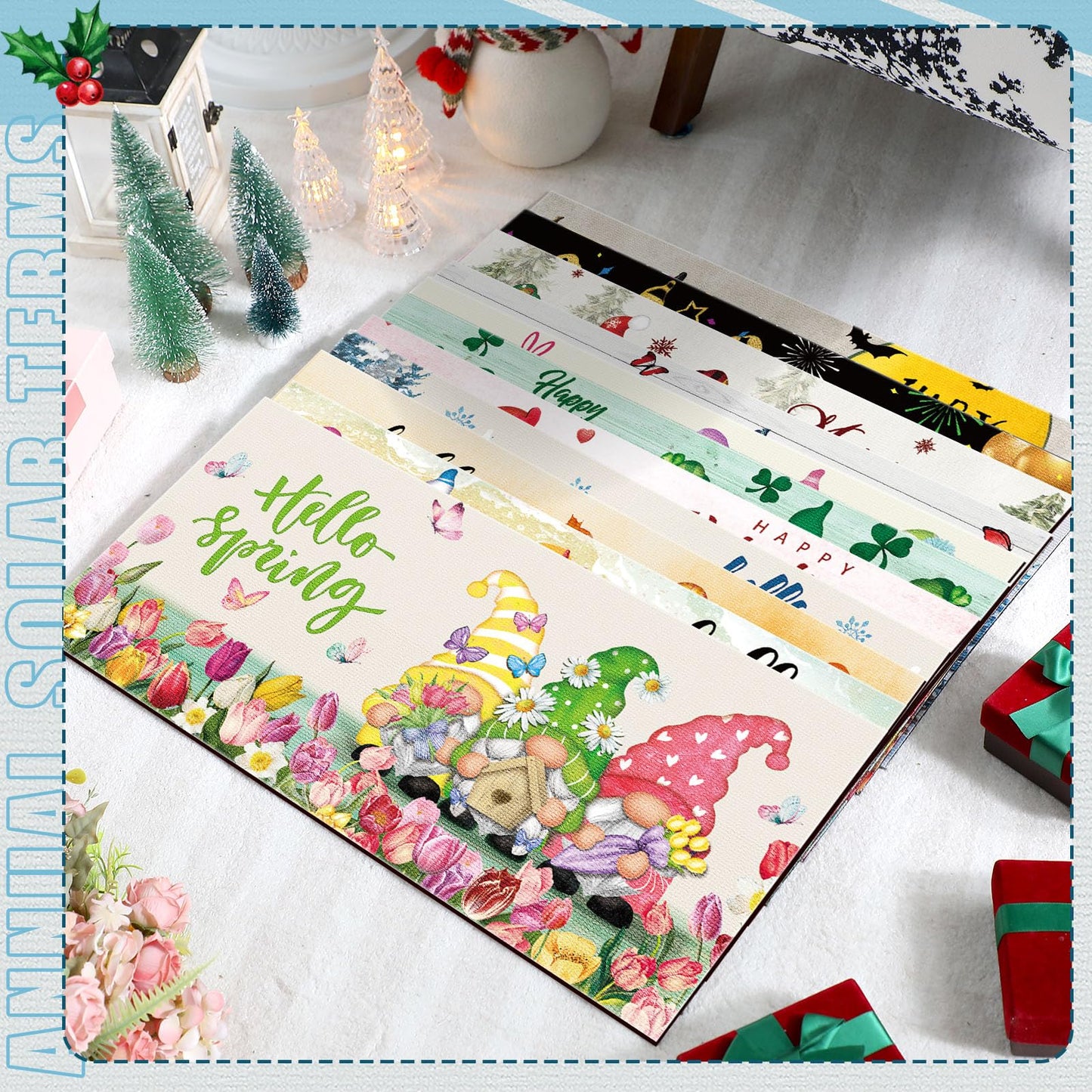 Tinideya 12 Pcs Seasonal Welcome Doormats 10 x 22 Inches Cute Seasonal Summer Independence Day Fall Doormats Decorative Festival Indoor Outdoor Non Slip Mats for All Holidays(Gnome Style)