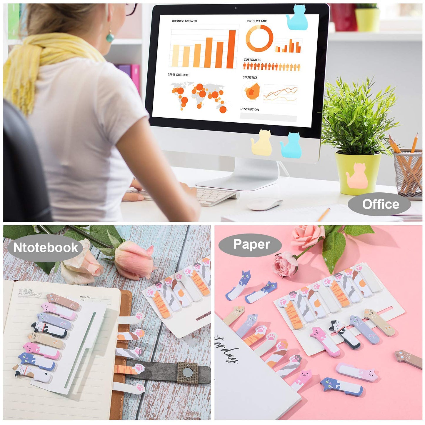 Outus Cat Office Supplies Cute Sticky Notes Paper Clips Gel Ink Pens Cartoon Stickers Party Favor for Cat Lovers Office Supplies(Cute Style)