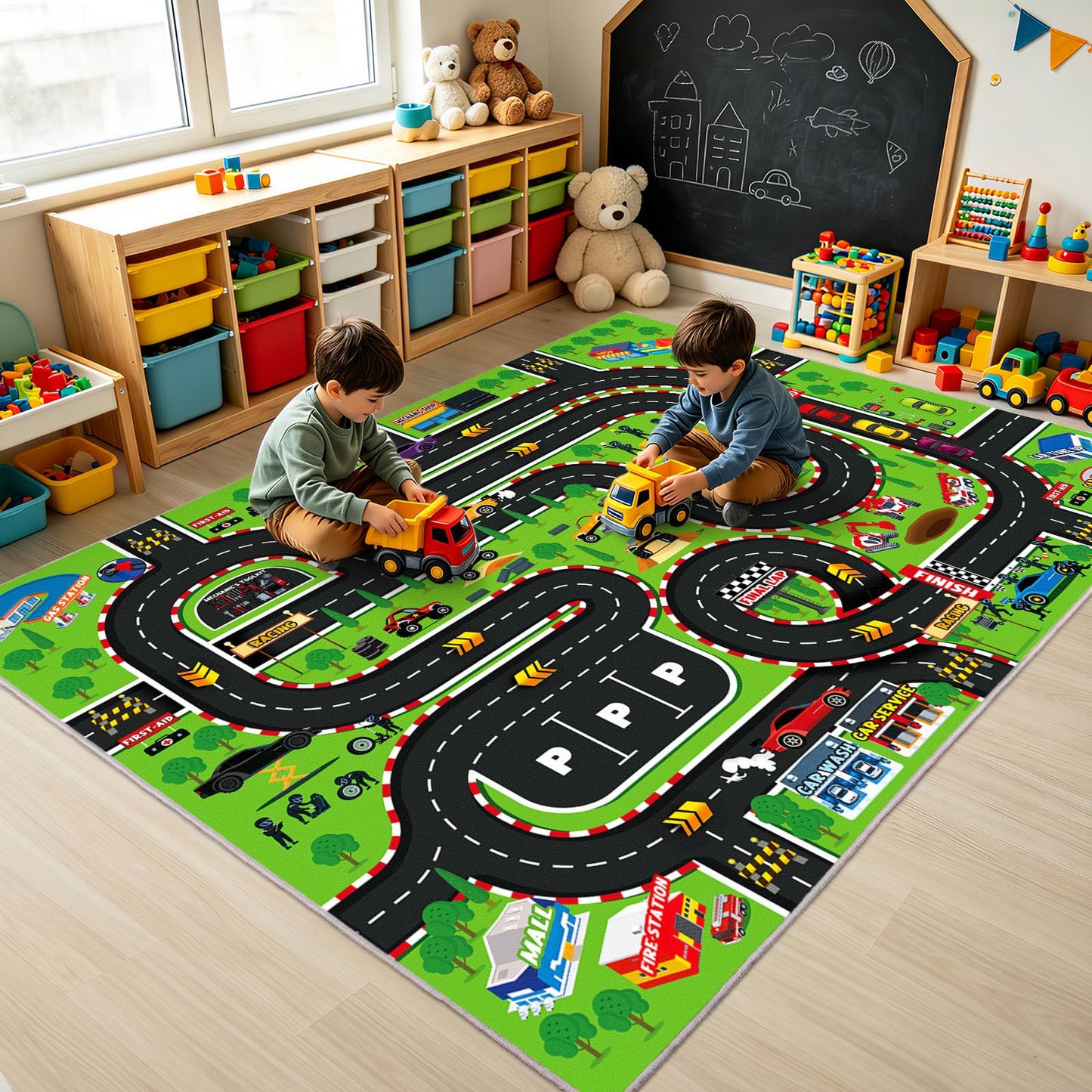 Quntue Kids Play Rug 4x5 Ft, Non-Slip Race Track Car Rug Play Mat, Washable Soft Road Carpet for Boys Room, Playroom, Bedroom, Nursery, Classroom