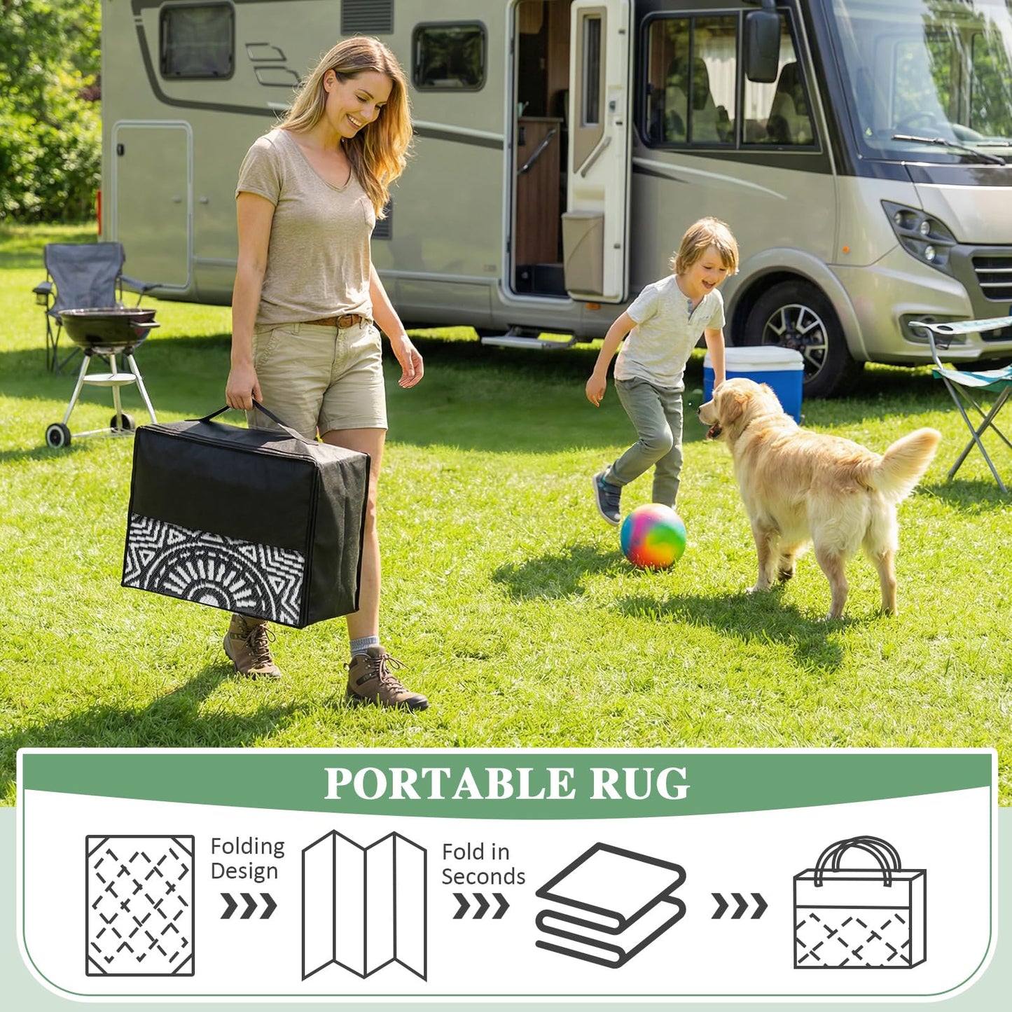 famibay Outdoor Rug Waterproof 5ft Round, Reversible Boho Plastic Straw Patio Camping Area Rugs, Portable Indoor Outdoor RV Mat for Deck, Porch, Balcony, Backyard, Picnic, Beach, Pool, Black & White