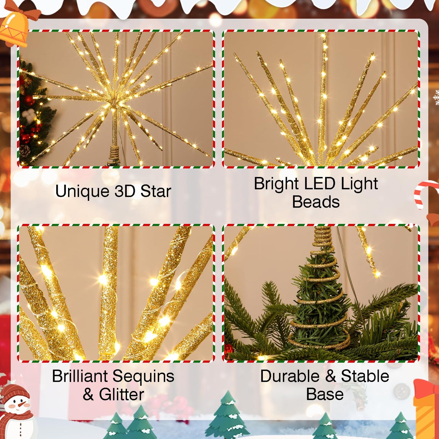 Obralitic 15 Inch Christmas Tree Star Topper with 150 LED Timer Lights & Remote, 19-Point USB Powered Lighted Gold Starburst Star Tree Topper for Indoor Holiday Party Xmas Tree Decor