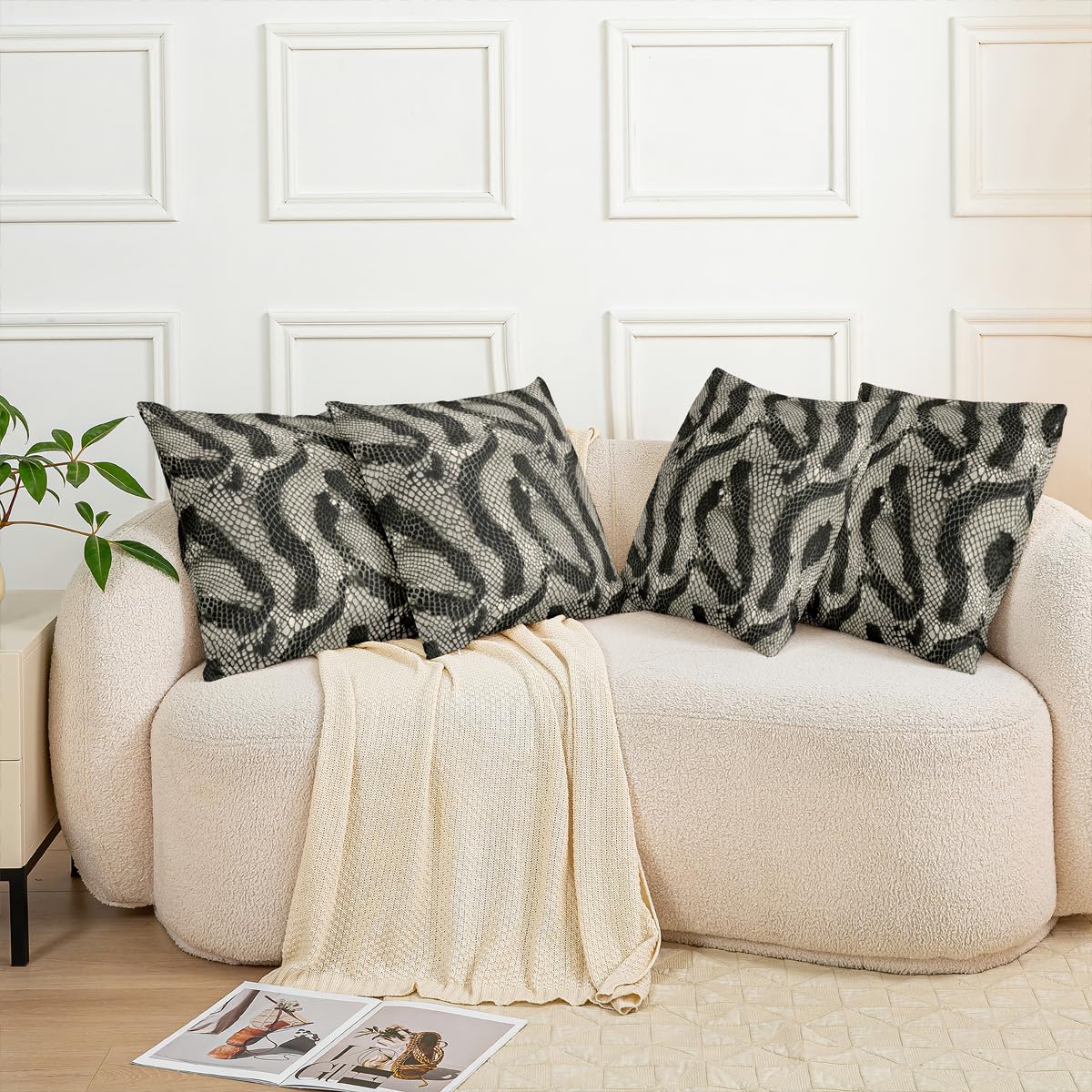Snake Throw Pillow Covers Black Serpent Skin Square Pillow Cases | Tropical Desert Wild Animals Decorative Pillowcases African Safari Animals Cushion Covers 20"*20"*2(Inserts Not Included)