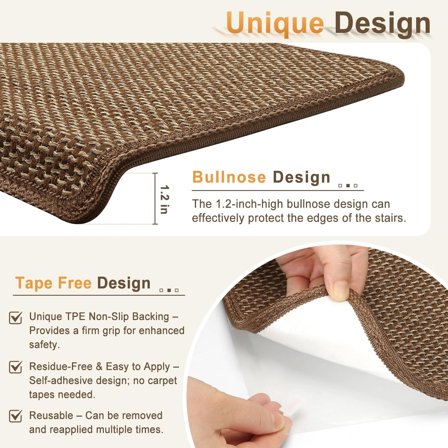 SMILOOL Bullnose Carpet Stair Treads Non Slip for Wooden Steps Indoor, 9.5" x 35" 14 Pieces, Extra Wide Bull Nose Carpet Runners for Wood Stairs, Step Covers, Stair Tread Rugs, Washable, Brown