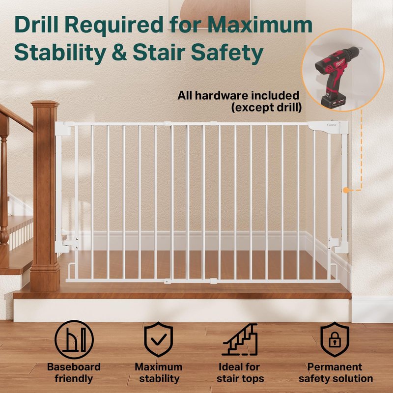 Cumbor 35.1-55" Wide No Bottom Bar Baby Gate for Stairs, 2-in-1 Auto Close Dog Gate Indoor, Hardware Mounted Pet Gate for Doorways with Large Walk Thru Door, Child-Proof Safety Gate for Kids (White)