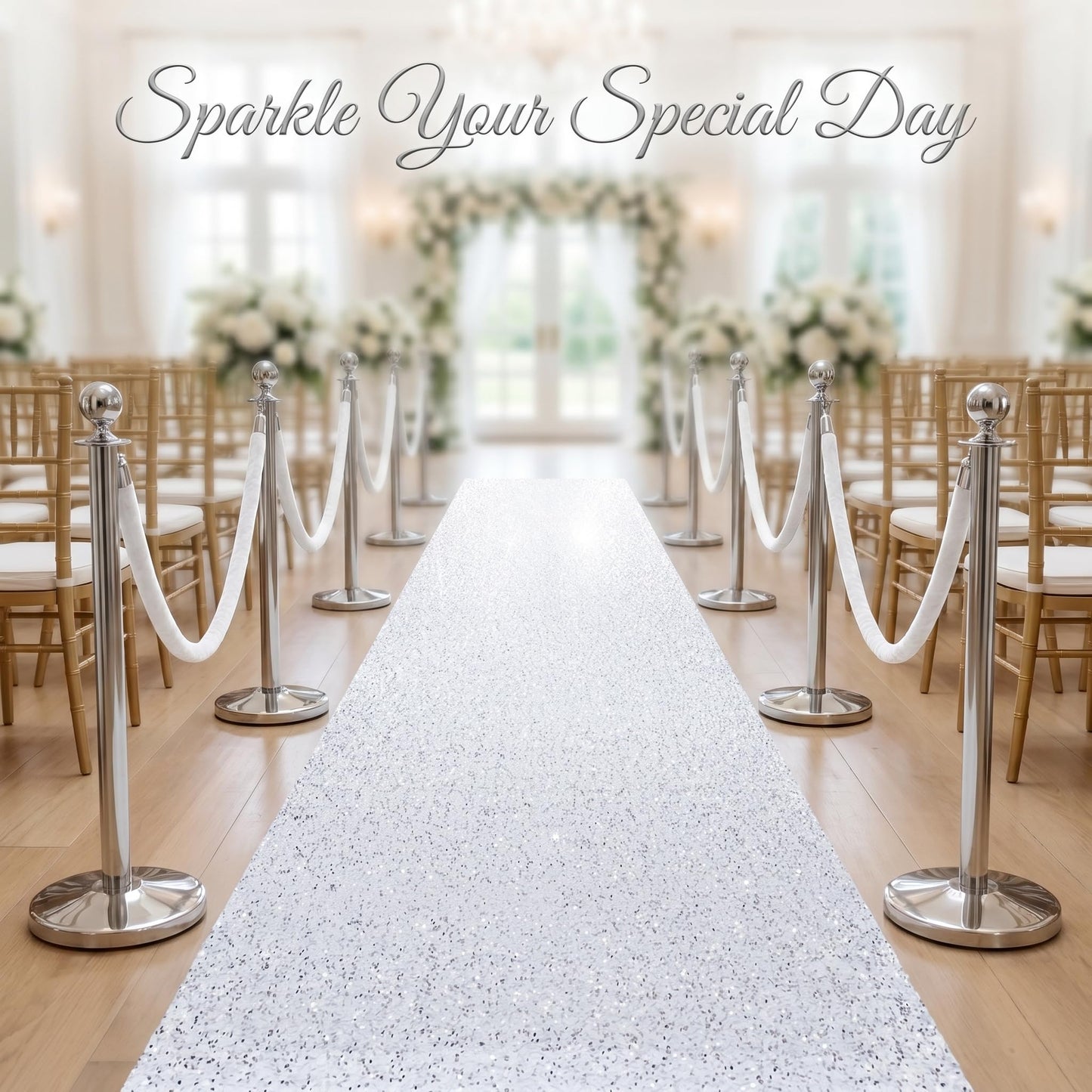 PartyDelight White Sequin Velvet Carpet Runner for Party 4FTx15FT Carpet Sparkly Rug for Indoor Outdoor Weddings Engagement Decoration