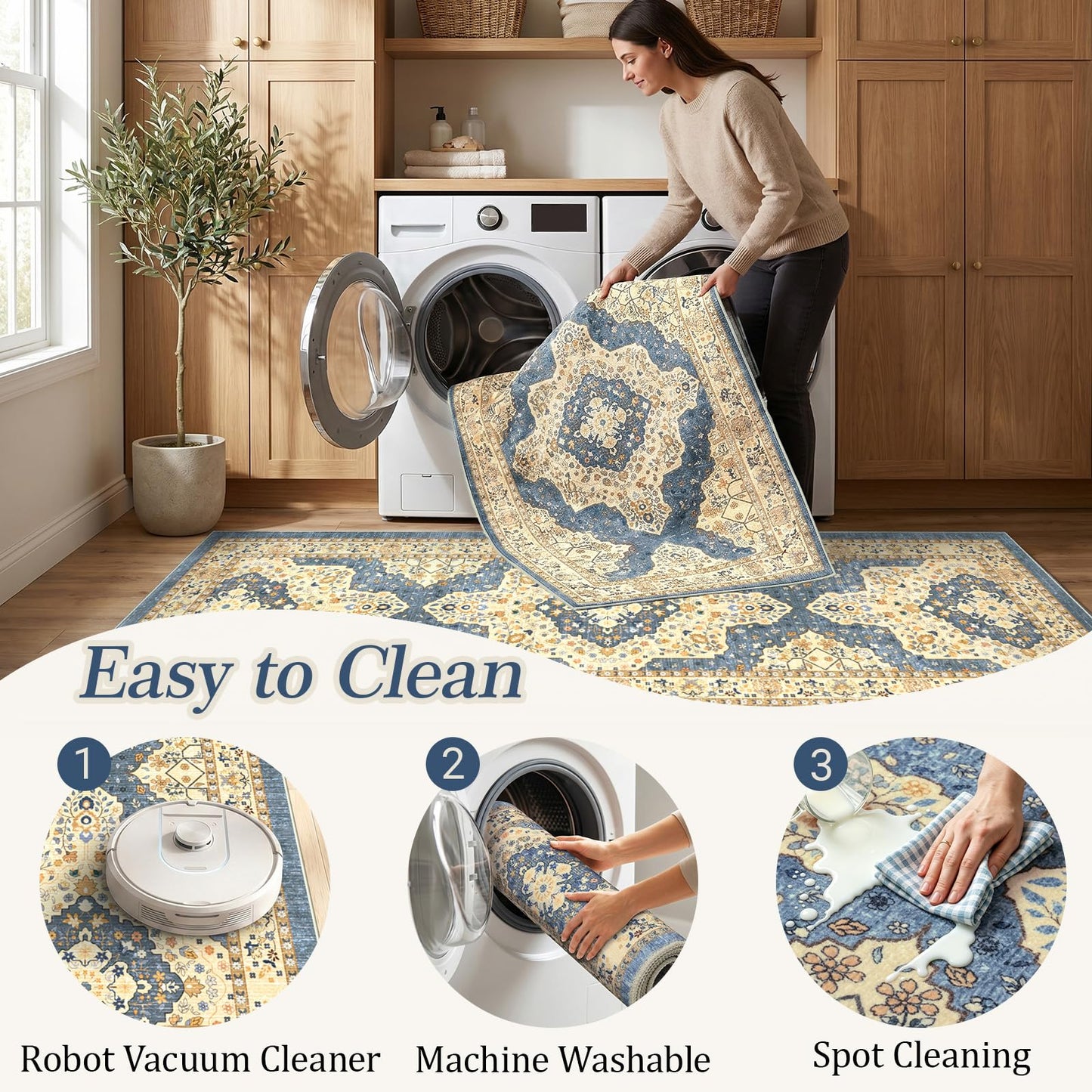 TUKDAK Boho Non-Slip Washable Kitchen Rug Set of 3, Soft Thick Stain Resistant Kitchen Floor Mats, Yellow & Blue Farmhouse Decor Rugs for Sink Front, Hallway, Bathroom, Entryway, Laundry Room