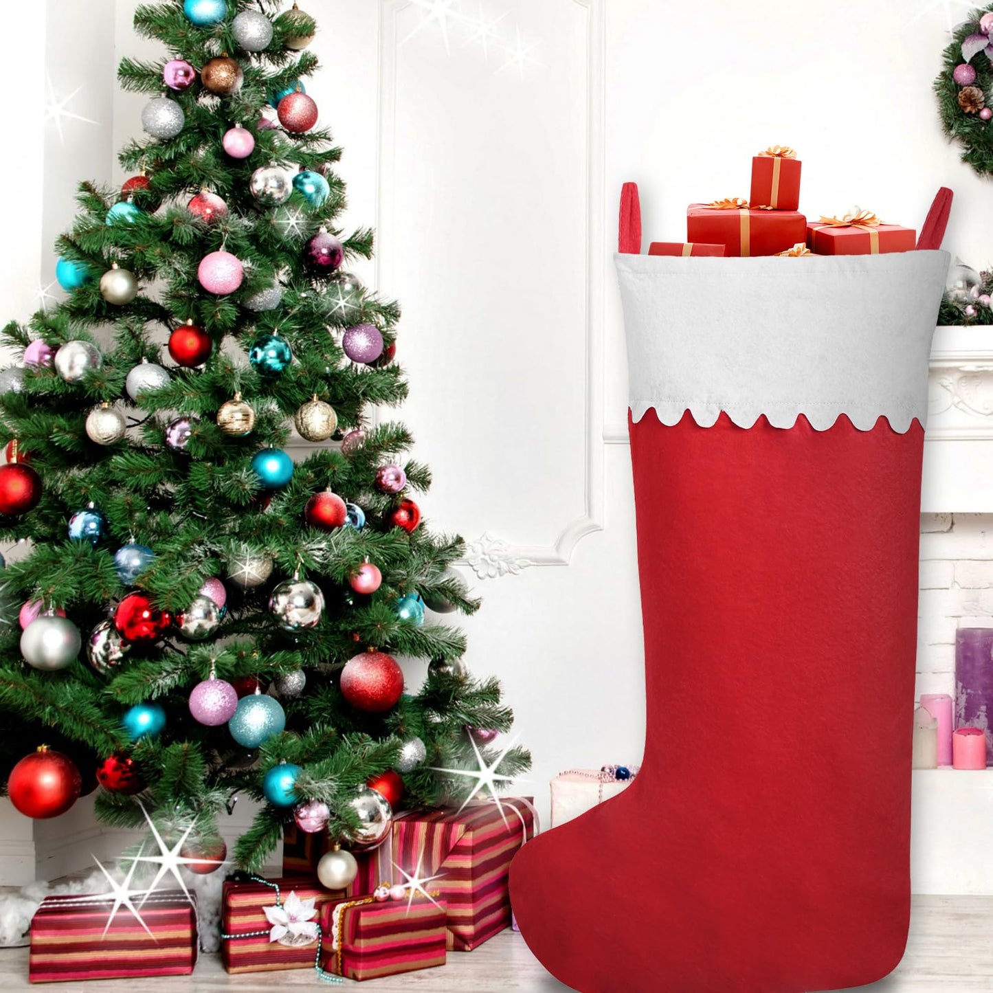 Asisca 2 Pack Jumbo Felt Christmas Stockings, 38 Inches Large Red and White Felt Christmas Stockings for Xmas Tree Fireplace Hanging Decor and Holiday Party Family Home Decorations