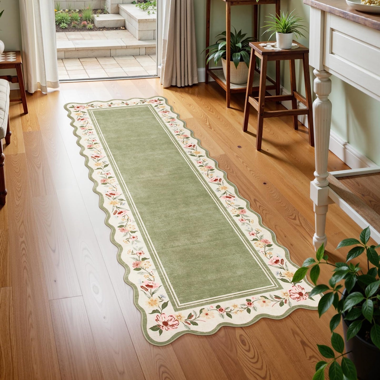 Lahome Floral 2'x 6' Washable Kitchen Runner Rug, Green Rug Runners for Hallways Non Slip, Scalloped Runner Rug Ultra-Thin Stain Resistant Boho Carpet for Entryway Bathroom Bedroom Ariele（Green，2x6ft）