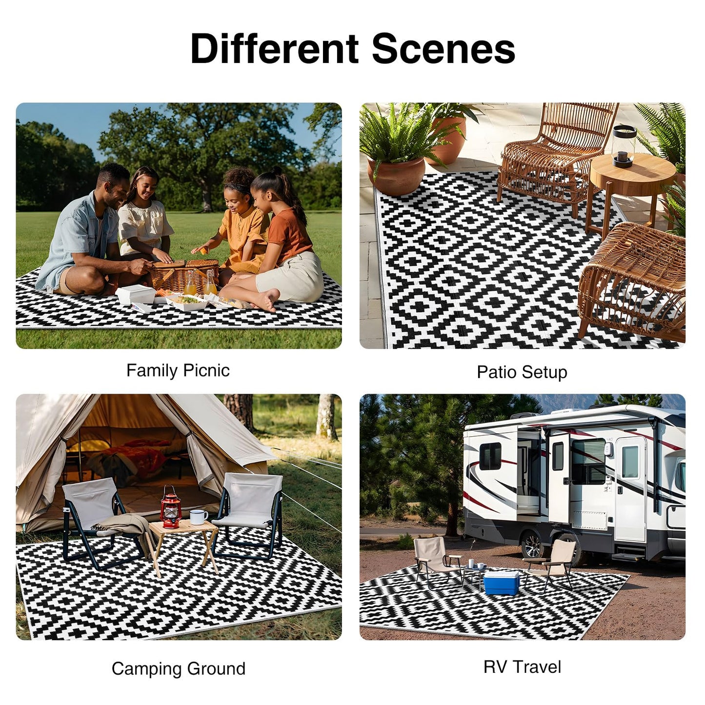 OLANLY Waterproof Outdoor Rug 5x8 ft, Outdoor Plastic Straw Rug for Camping, RV Mat Outside, Indoor Outdoor Carpet for Porch, Deck, Backyard, Balcony, Picnic, Black & White